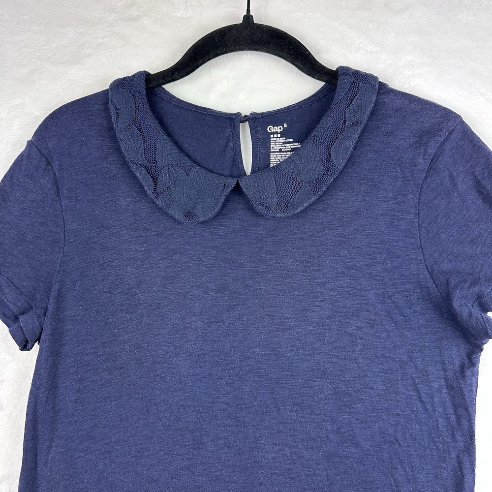 Gap Blouse Navy Blue Short Sleeve Collar Top S Vents Keyhole Close